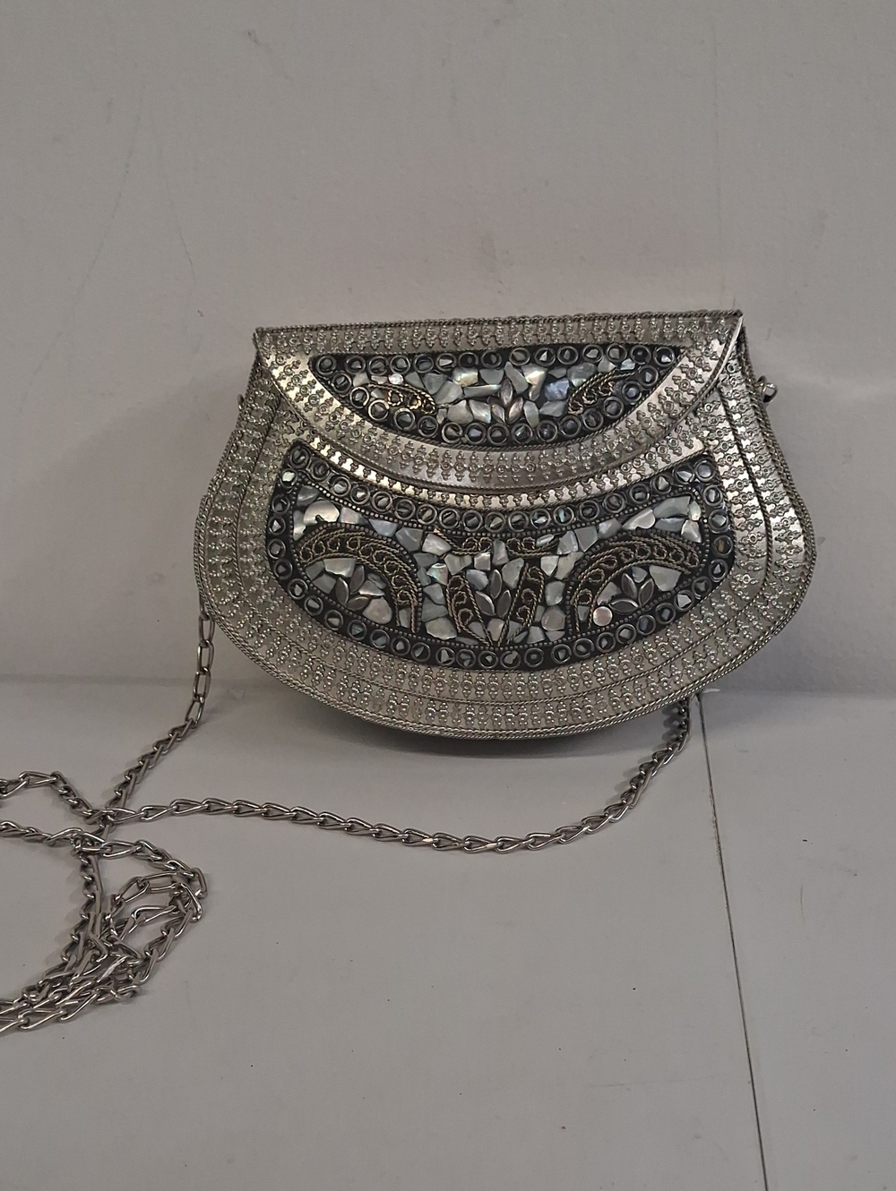 Womens Antique Finish Silver Tone Metal Mosaic Clutch Bag